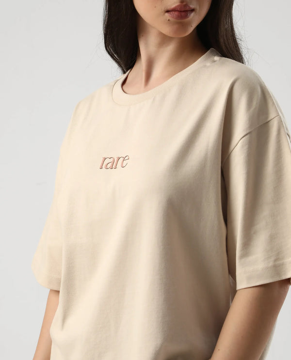 Rareism Women Klend Off White Pull On Closure Cotton Fabric Oversized Regular Graphic Print T-Shirt