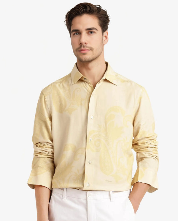 Rare Rabbit Men Koigi Dusky Yellow Viscose Fabric Full Sleeve Regular Paisley Printed Shirt