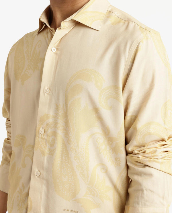 Rare Rabbit Men Koigi Dusky Yellow Viscose Fabric Full Sleeve Regular Paisley Printed Shirt