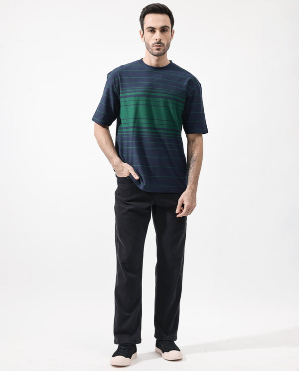 Rare Rabbit Mens Kot Navy Cotton Fabric Short Sleeves Oversized Fit Stripe T-Shirt