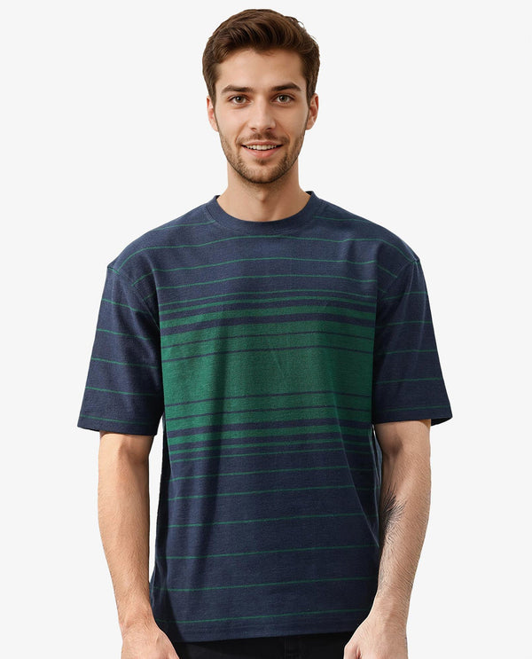Rare Rabbit Mens Kot Navy Cotton Fabric Short Sleeves Oversized Fit Stripe T-Shirt
