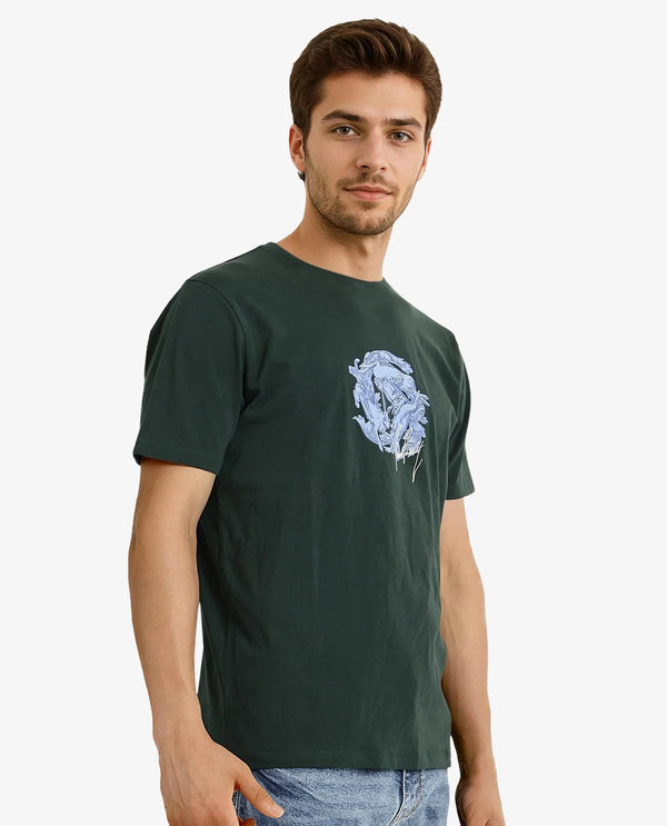 Rare Rabbit Men Kowl Dark Green Cotton Lycra Fabric Short Sleeve Crew Neck Regular Fit Graphic Print T-Shirt