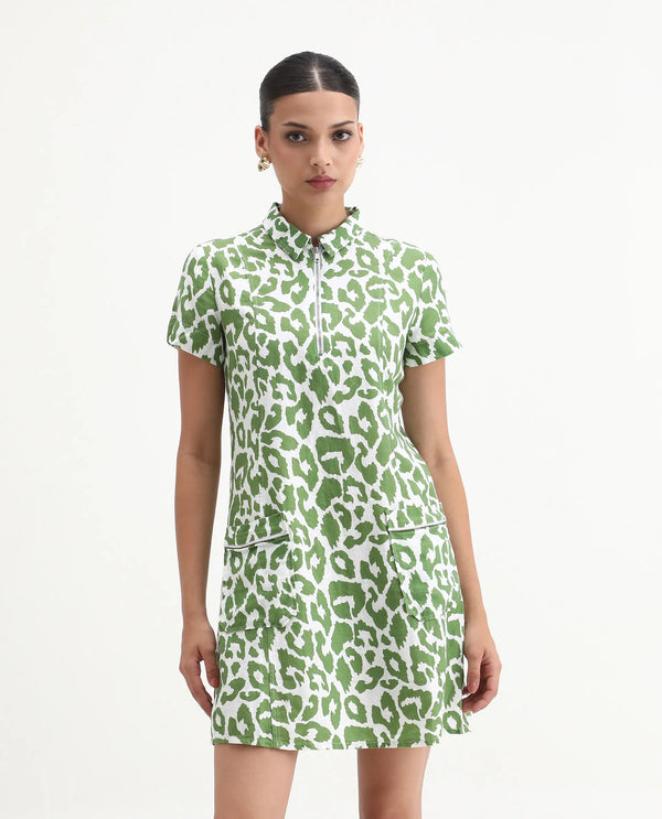 Rareism Women Kyoti White Abstract Print Shirt Collar Front Zip Closure With Patch Pockets Mini Dress