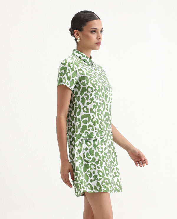 Rareism Women Kyoti White Abstract Print Shirt Collar Front Zip Closure With Patch Pockets Mini Dress