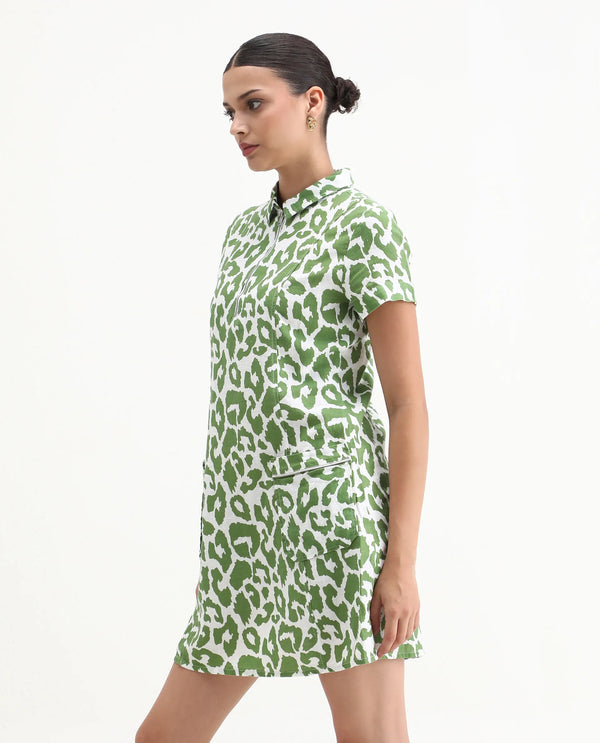 Rareism Women Kyoti White Abstract Print Shirt Collar Front Zip Closure With Patch Pockets Mini Dress