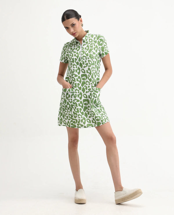 Rareism Women Kyoti White Abstract Print Shirt Collar Front Zip Closure With Patch Pockets Mini Dress