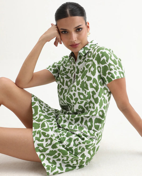 Rareism Women Kyoti White Abstract Print Shirt Collar Front Zip Closure With Patch Pockets Mini Dress