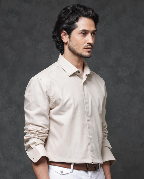 Rare Rabbit Mens Lasko Beige Dobby Texture Full Sleeve Regular Collar Solid Shirt