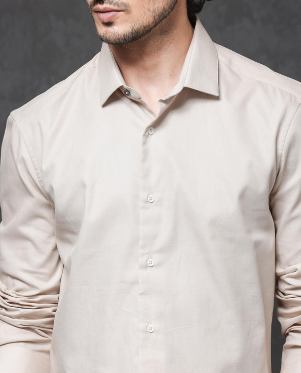 Rare Rabbit Mens Lasko Beige Dobby Texture Full Sleeve Regular Collar Solid Shirt