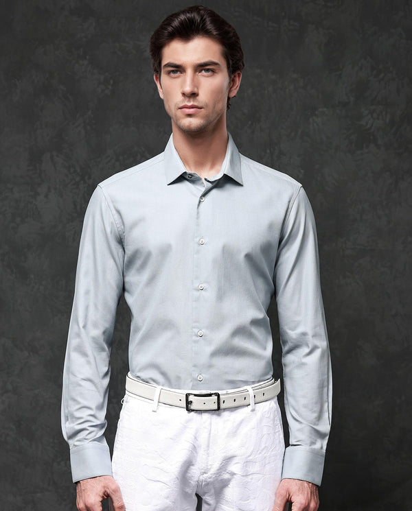 Rare Rabbit Mens Lasko Dusky Blue Dobby Texture Full Sleeve Regular Collar Solid Shirt