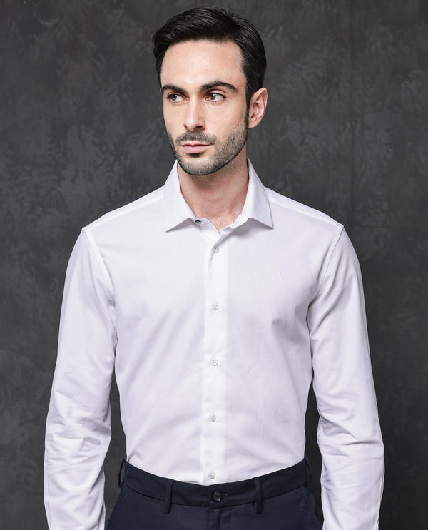 Rare Rabbit Mens Lasko White Dobby Texture Full Sleeve Regular Collar Solid Shirt