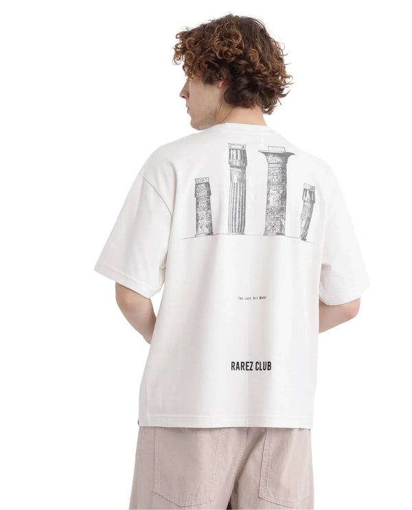 Rare Rabbit Men Laun Off White Cotton Fabric Short Sleeve Crew Neck Oversized Fit Off Placement HD Print T-Shirt