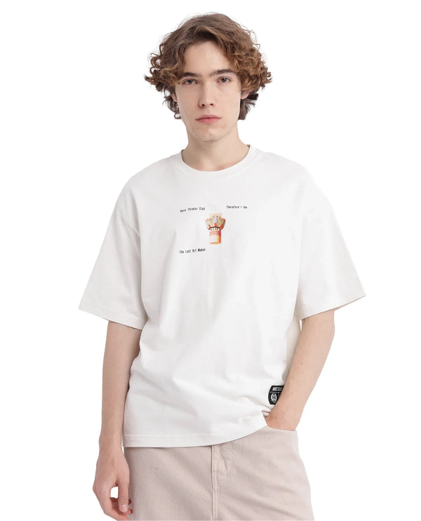 Rare Rabbit Men Laun Off White Cotton Fabric Short Sleeve Crew Neck Oversized Fit Off Placement HD Print T-Shirt