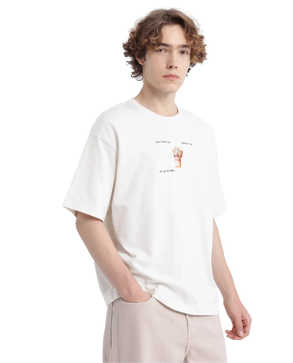 Rare Rabbit Men Laun Off White Cotton Fabric Short Sleeve Crew Neck Oversized Fit Off Placement HD Print T-Shirt