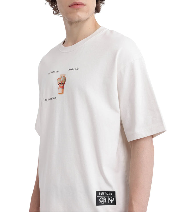 Rare Rabbit Men Laun Off White Cotton Fabric Short Sleeve Crew Neck Oversized Fit Off Placement HD Print T-Shirt