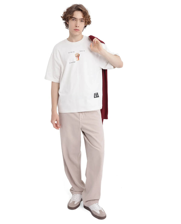 Rare Rabbit Men Laun Off White Cotton Fabric Short Sleeve Crew Neck Oversized Fit Off Placement HD Print T-Shirt
