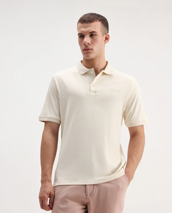 Rare Rabbit Men Laur Off White Cotton Fabric Short Sleeve Printed Collar HD Print Branded Plain Polo