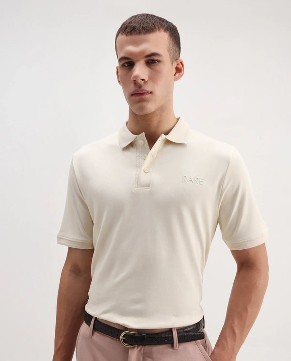 Rare Rabbit Men Laur Off White Cotton Fabric Short Sleeve Printed Collar HD Print Branded Plain Polo