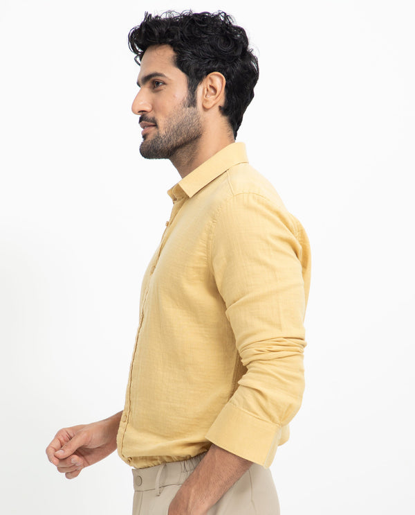 Rare Rabbit Men's Layerrs Yellow Cotton Fabric Full Sleeves Solid Shirt