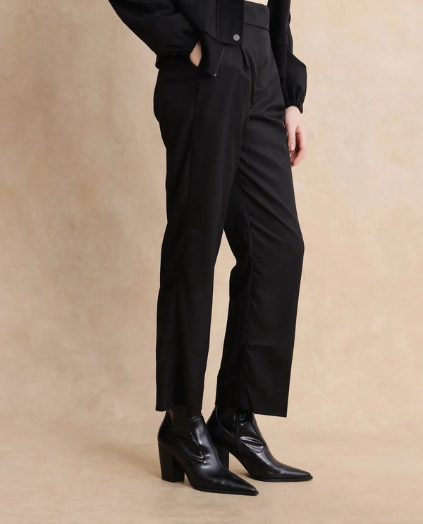 Rareism Women Leezo Black Tie Up Closure Straight Fit Ankle Length Plain Trouser
