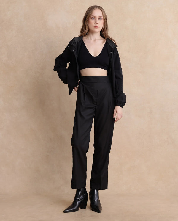 Rareism Women Leezo Black Tie Up Closure Straight Fit Ankle Length Plain Trouser