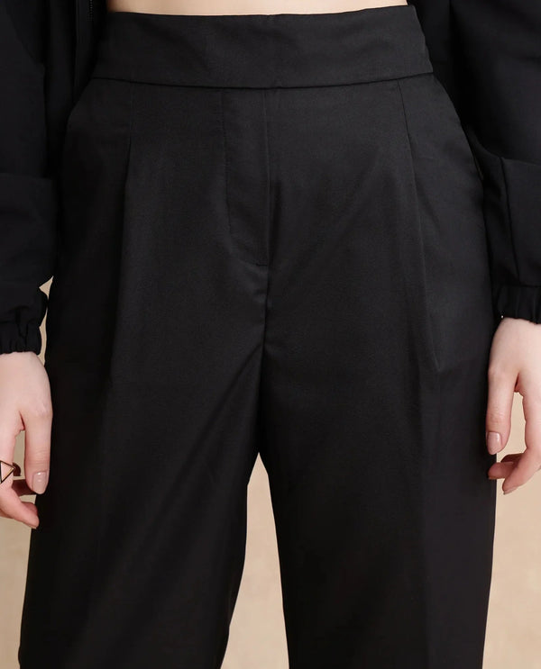 Rareism Women Leezo Black Tie Up Closure Straight Fit Ankle Length Plain Trouser