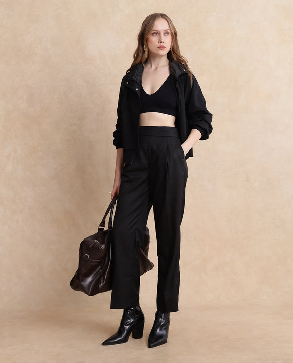 Rareism Women Leezo Black Tie Up Closure Straight Fit Ankle Length Plain Trouser