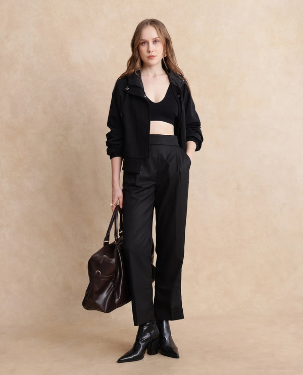 Rareism Women Leezo Black Tie Up Closure Straight Fit Ankle Length Plain Trouser