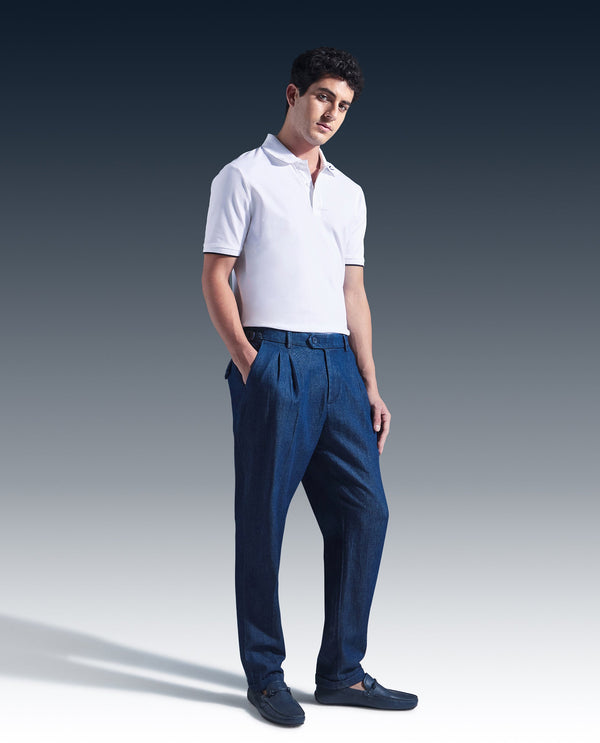 Rare Rabbit Men's Leni Blue Cotton Blend Fabric Baggy Fit Plain Trouser