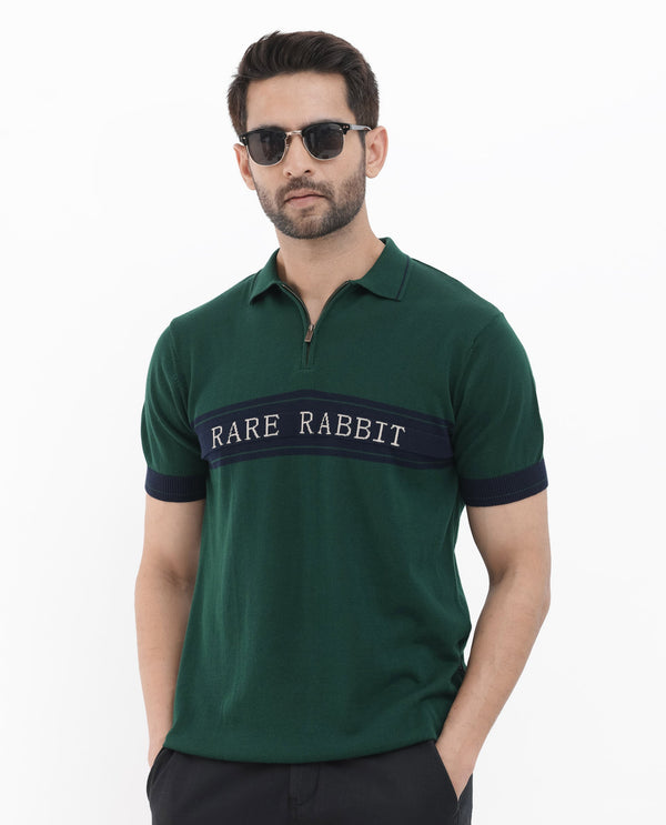 Rare Rabbit Men's Lester Green Half Sleeves Collared Neck Polo T-Shirt