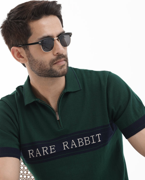 Rare Rabbit Men's Lester Green Half Sleeves Collared Neck Polo T-Shirt