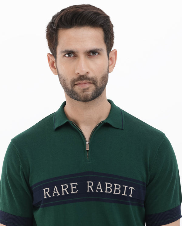 Rare Rabbit Men's Lester Green Half Sleeves Collared Neck Polo T-Shirt