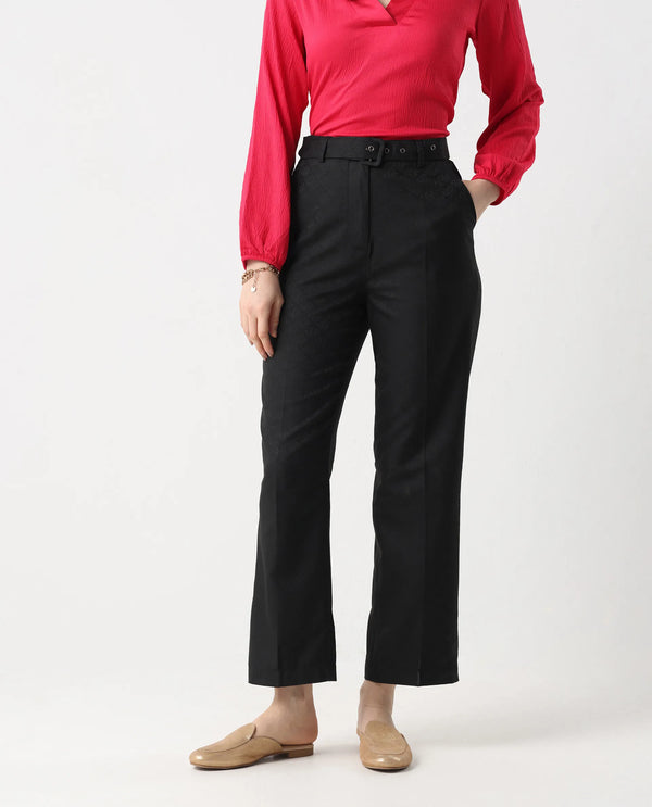 Rareism Women Levels Black Hook Closure Tapered Fit Ankle Length Plain Trouser
