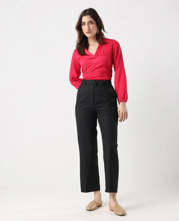 Rareism Women Levels Black Hook Closure Tapered Fit Ankle Length Plain Trouser