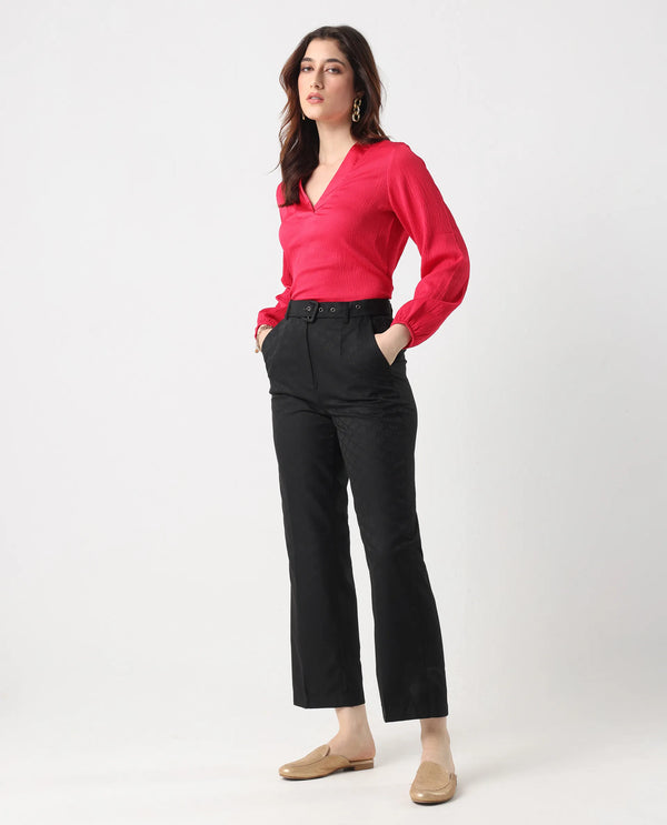 Rareism Women Levels Black Hook Closure Tapered Fit Ankle Length Plain Trouser