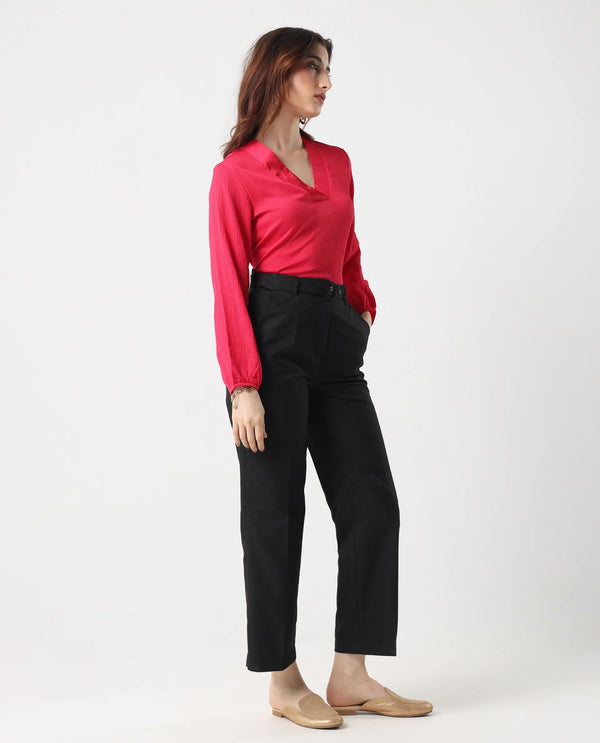Rareism Women Levels Black Hook Closure Tapered Fit Ankle Length Plain Trouser