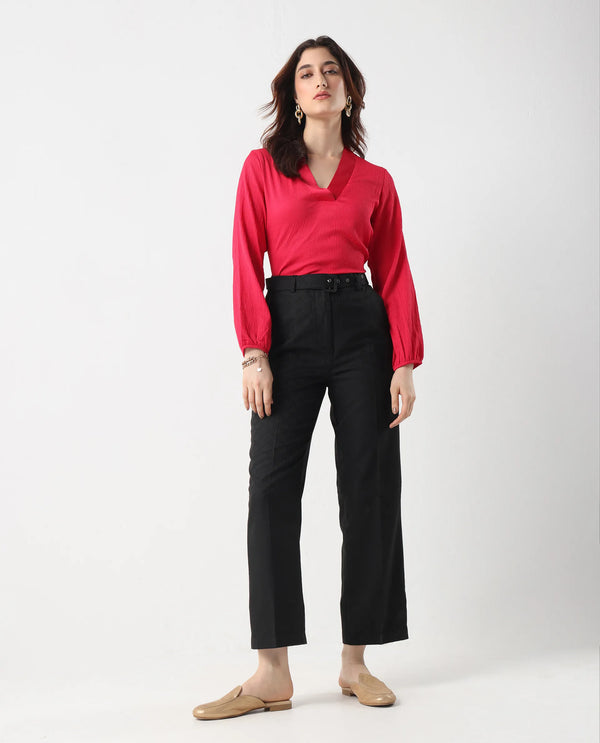 Rareism Women Levels Black Hook Closure Tapered Fit Ankle Length Plain Trouser