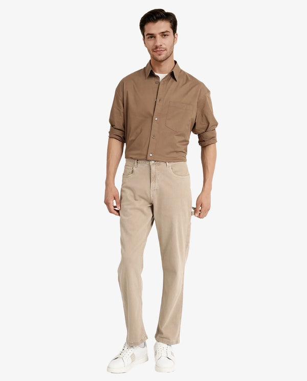Rare Rabbit Men Lewi Khaki Cotton Lycra Fabric Full Sleeve Regular Collar Boxy Fit Plain Shirt