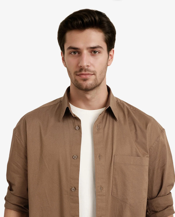 Rare Rabbit Men Lewi Khaki Cotton Lycra Fabric Full Sleeve Regular Collar Boxy Fit Plain Shirt