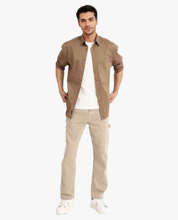 Rare Rabbit Men Lewi Khaki Cotton Lycra Fabric Full Sleeve Regular Collar Boxy Fit Plain Shirt