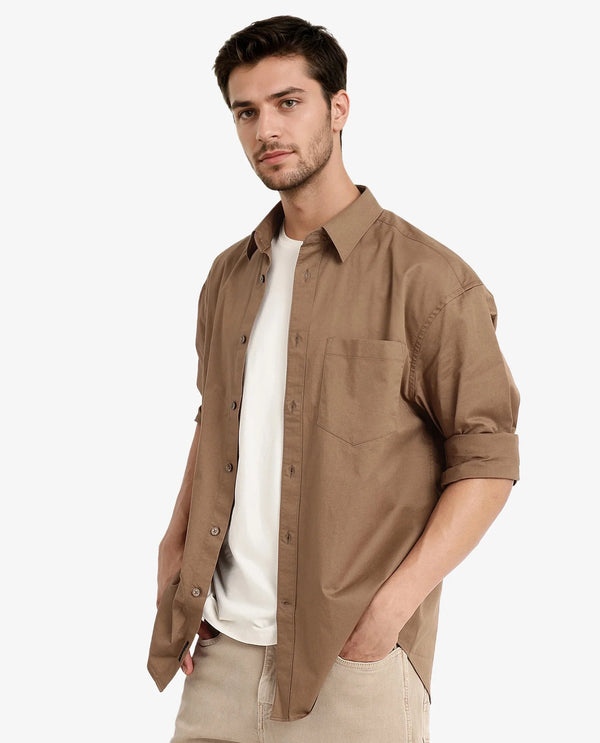 Rare Rabbit Men Lewi Khaki Cotton Lycra Fabric Full Sleeve Regular Collar Boxy Fit Plain Shirt