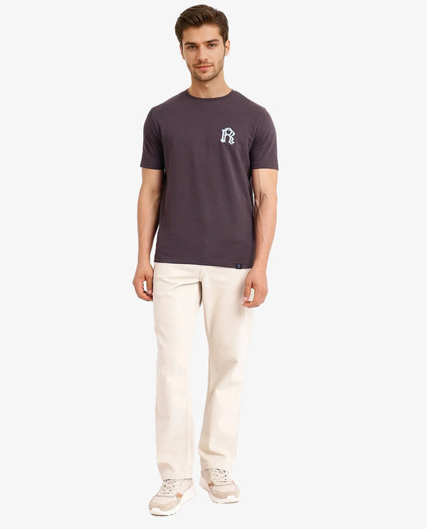 Rare Rabbit Men Lex Dark Grey Cotton Polyester Fabric Short Sleeve Crew Neck Oversized Fit Embroidery Logo T-Shirt