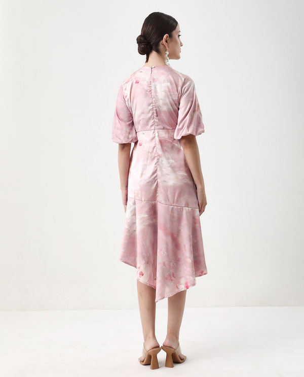 Rareism Women's Limoges Dusky Pink Satin Fabric Round Neck Zipper Closure Balloon Sleeve Floral Print Fit And Flare Midi Dress