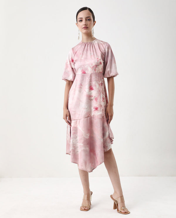 Rareism Women's Limoges Dusky Pink Satin Fabric Round Neck Zipper Closure Balloon Sleeve Floral Print Fit And Flare Midi Dress