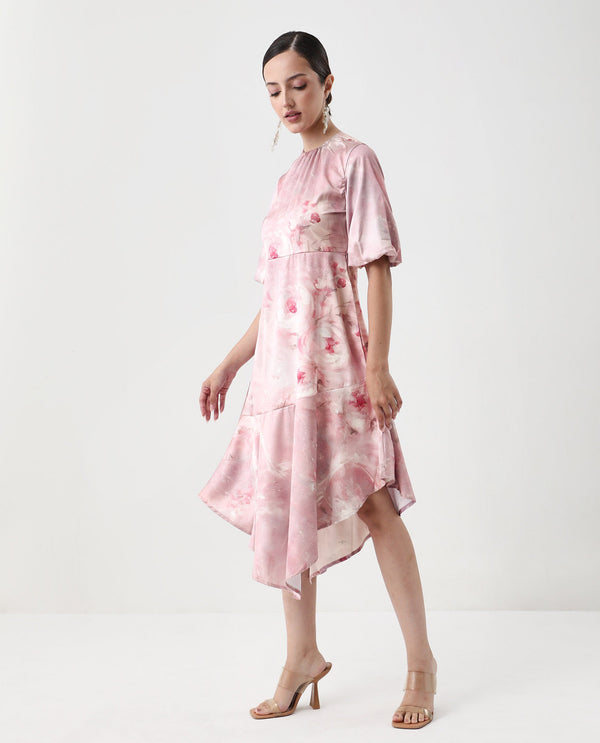 Rareism Women's Limoges Dusky Pink Satin Fabric Round Neck Zipper Closure Balloon Sleeve Floral Print Fit And Flare Midi Dress