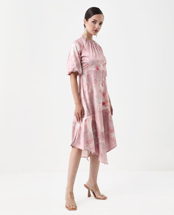 Rareism Women's Limoges Dusky Pink Satin Fabric Round Neck Zipper Closure Balloon Sleeve Floral Print Fit And Flare Midi Dress