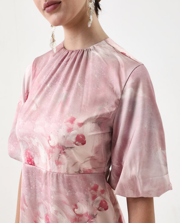 Rareism Women's Limoges Dusky Pink Satin Fabric Round Neck Zipper Closure Balloon Sleeve Floral Print Fit And Flare Midi Dress