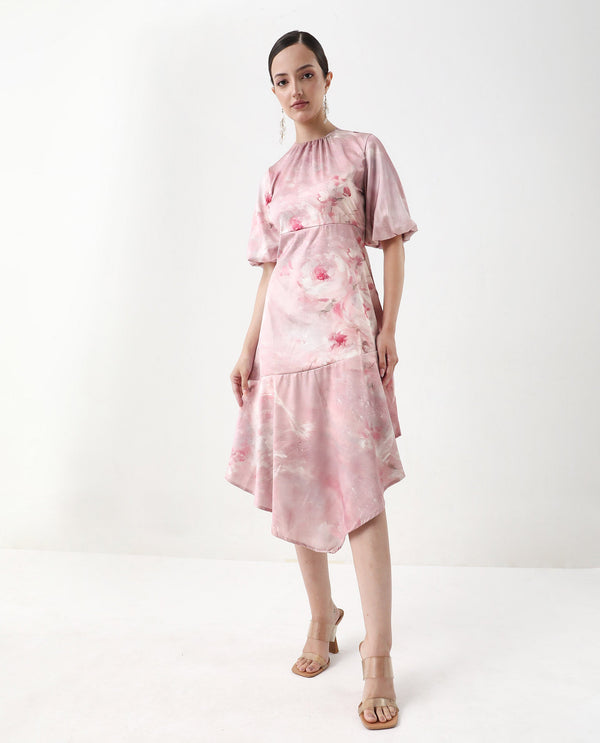 Rareism Women's Limoges Dusky Pink Satin Fabric Round Neck Zipper Closure Balloon Sleeve Floral Print Fit And Flare Midi Dress
