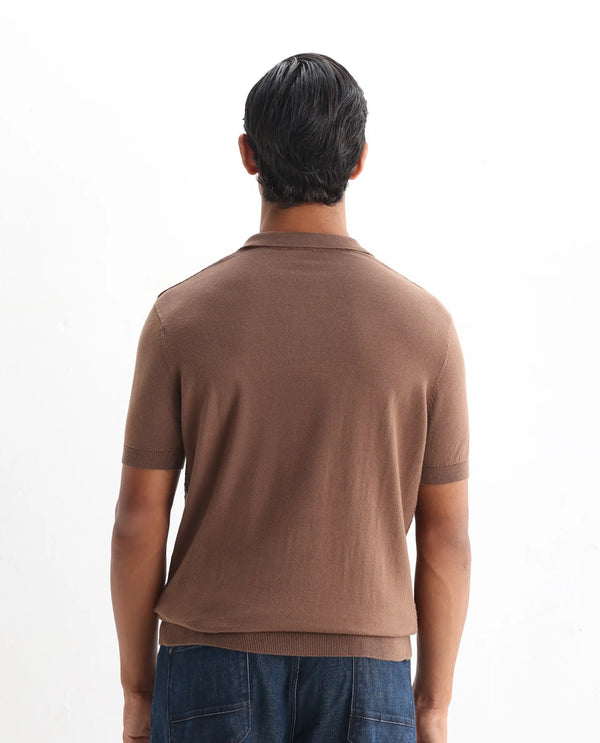 Rare Rabbit Men's Lincos Brown Cotton Fabric Collared Neck Half Sleeves Textured Polo T-Shirt