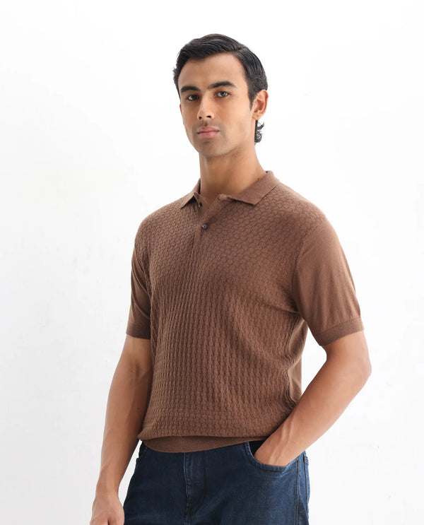 Rare Rabbit Men's Lincos Brown Cotton Fabric Collared Neck Half Sleeves Textured Polo T-Shirt